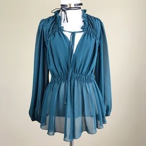HEED  Sheer Ruffle Pleated Peasant Top Blouse